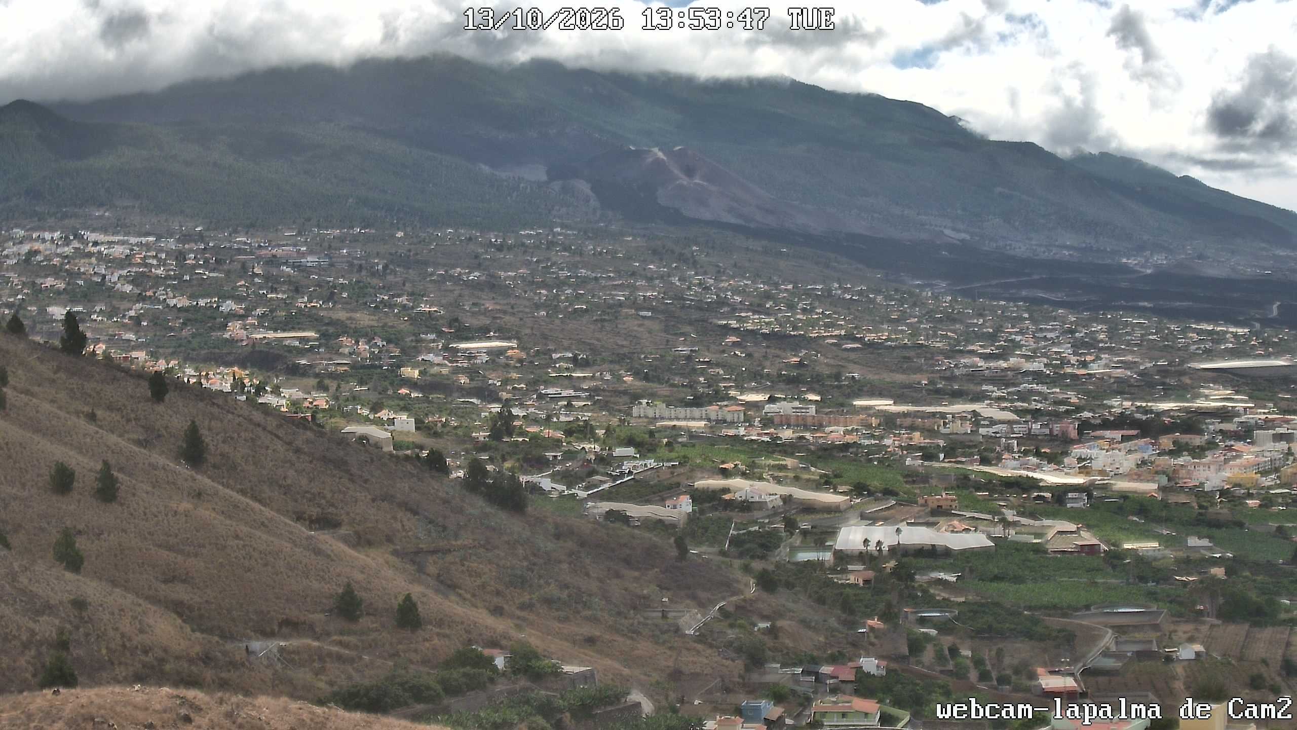 Standbild der Vulkan-Kamera in HD: Blick von El Paso über das Aridane-Tal auf die Cumbre Vieja und den Vulkankegel Tajogaite